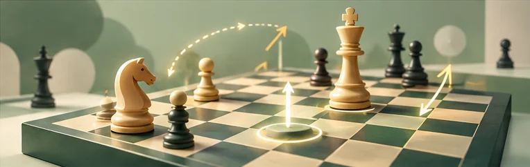 Illustration originale : pièces sur un échiquier et trajectoires lumineuses évoquant la comparaison des plans.