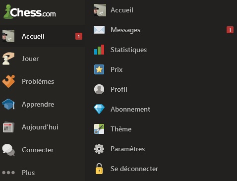 Les différentes options sur l'accueil de Chess.com