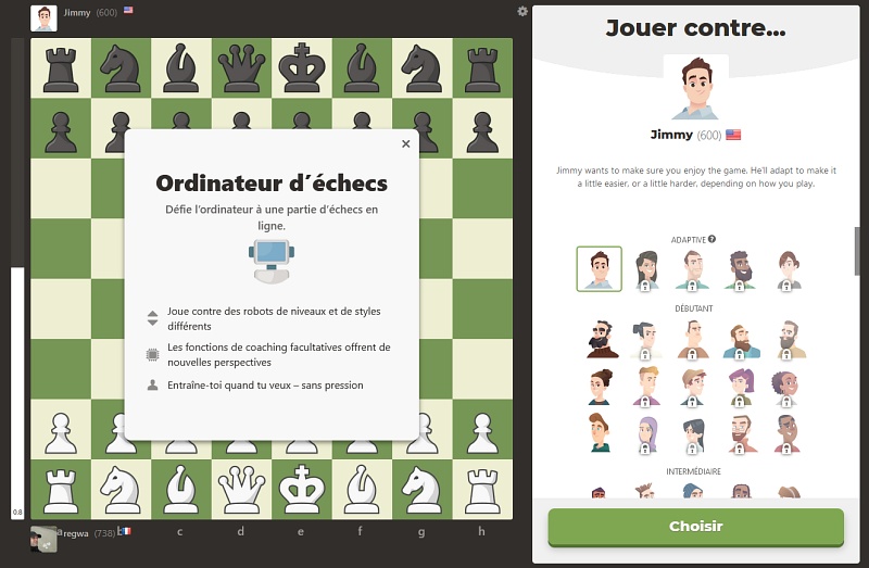 Chess.com propose une option pour jouer aux échecs contre l'ordinateur en ajustant le niveau de jeu en fonction de votre expérience des échecs