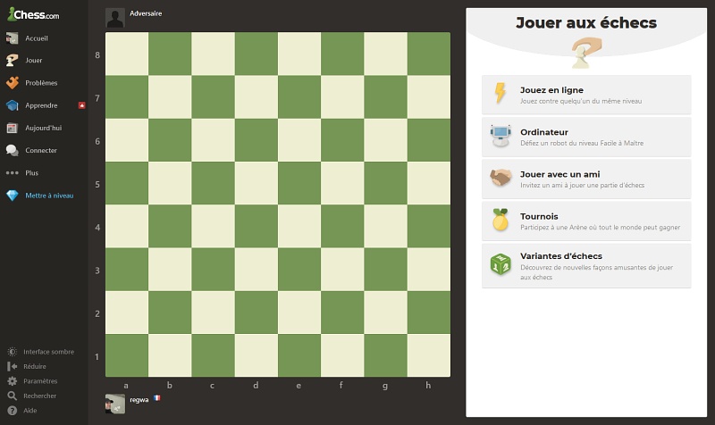 La section Jouer sur le site Chess.com